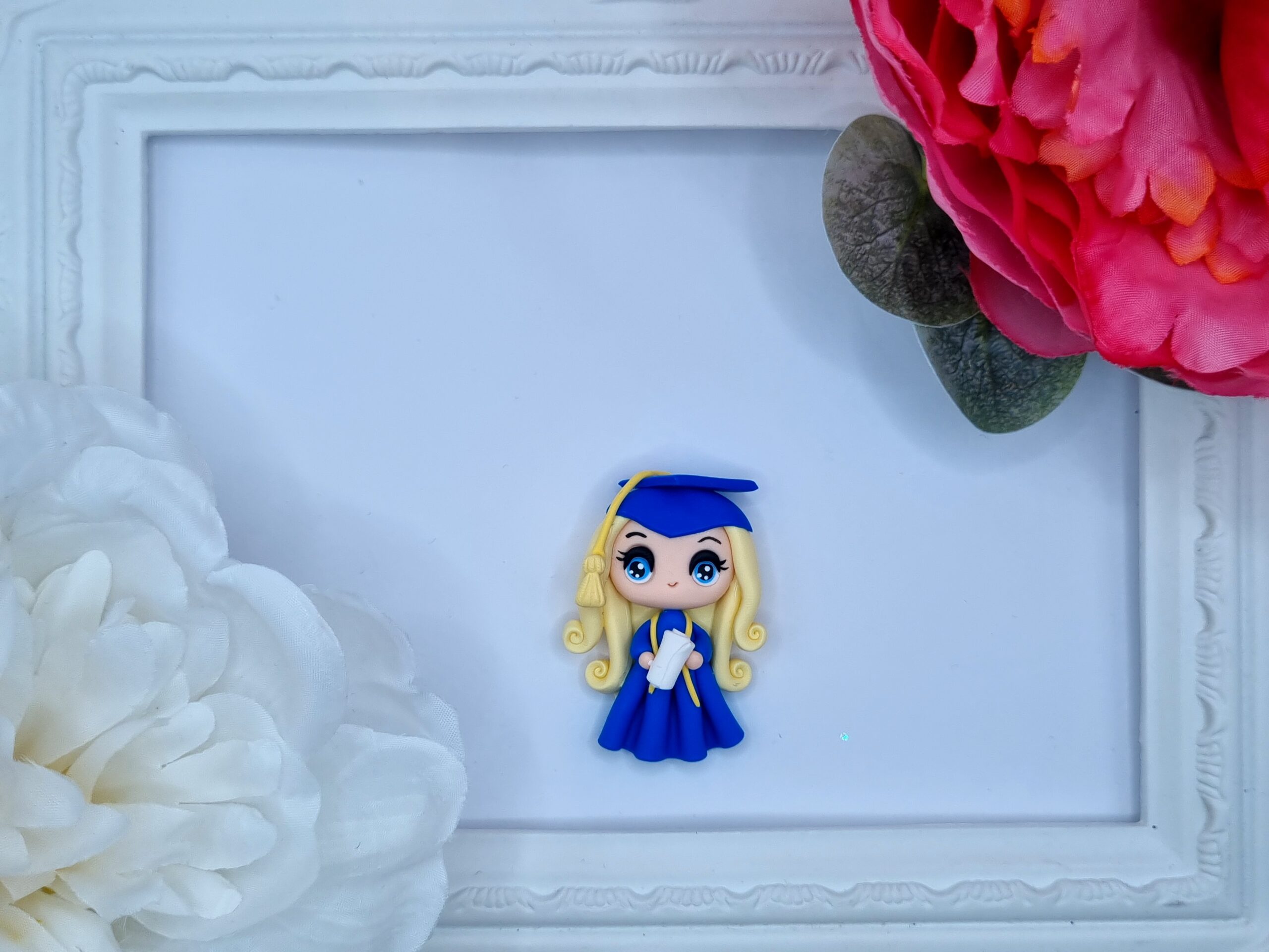 SCHOOL GIRL WITH BLUE DRESS-EMBELLISHMENT CLAY BOW CENTRE (WITH FLAT BACK)