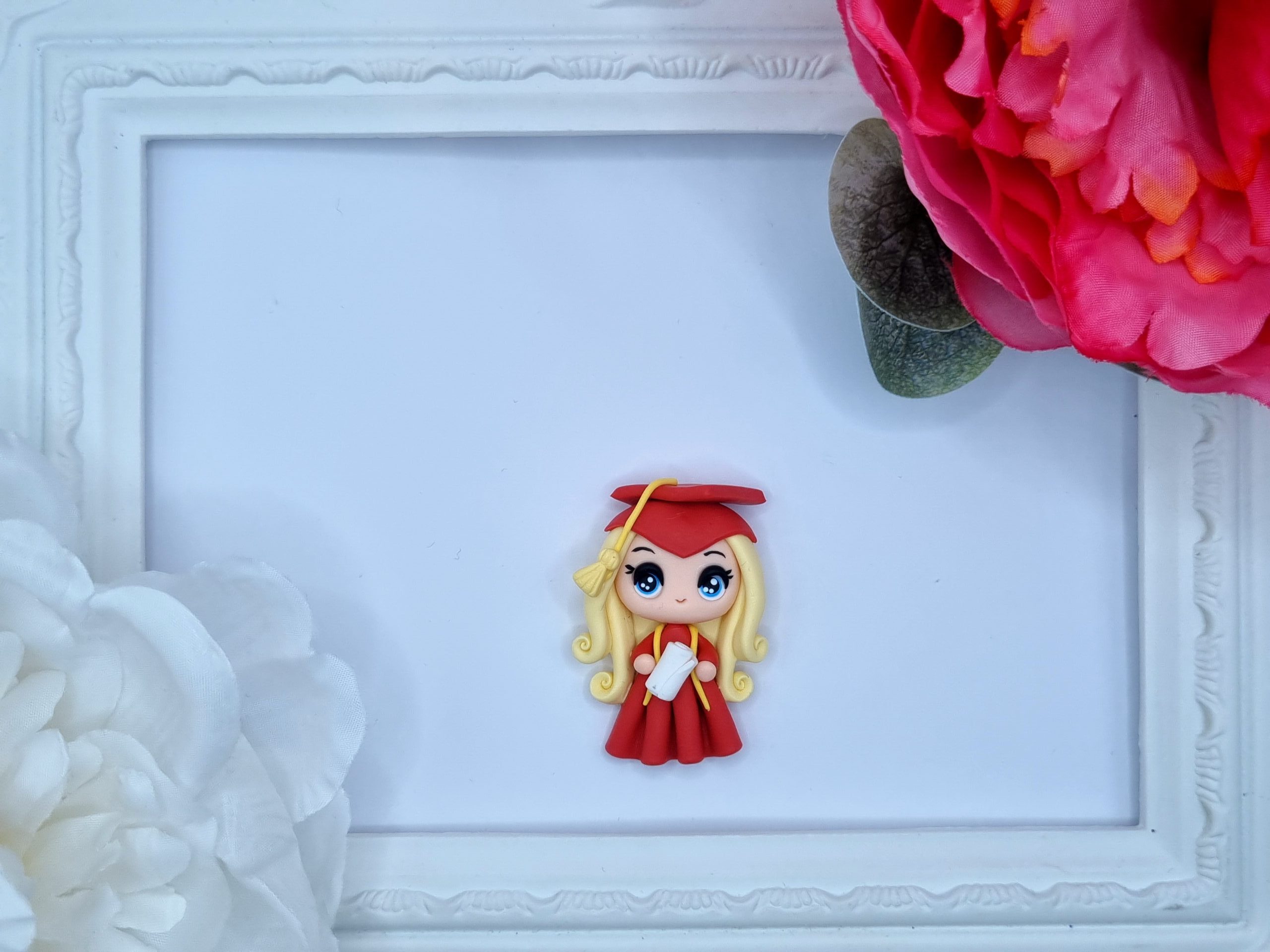 SCHOOL GIRL WITH RED DRESS AND BLONDE HAIR-EMBELLISHMENT CLAY BOW CENTRE (WITH FLAT BACK)