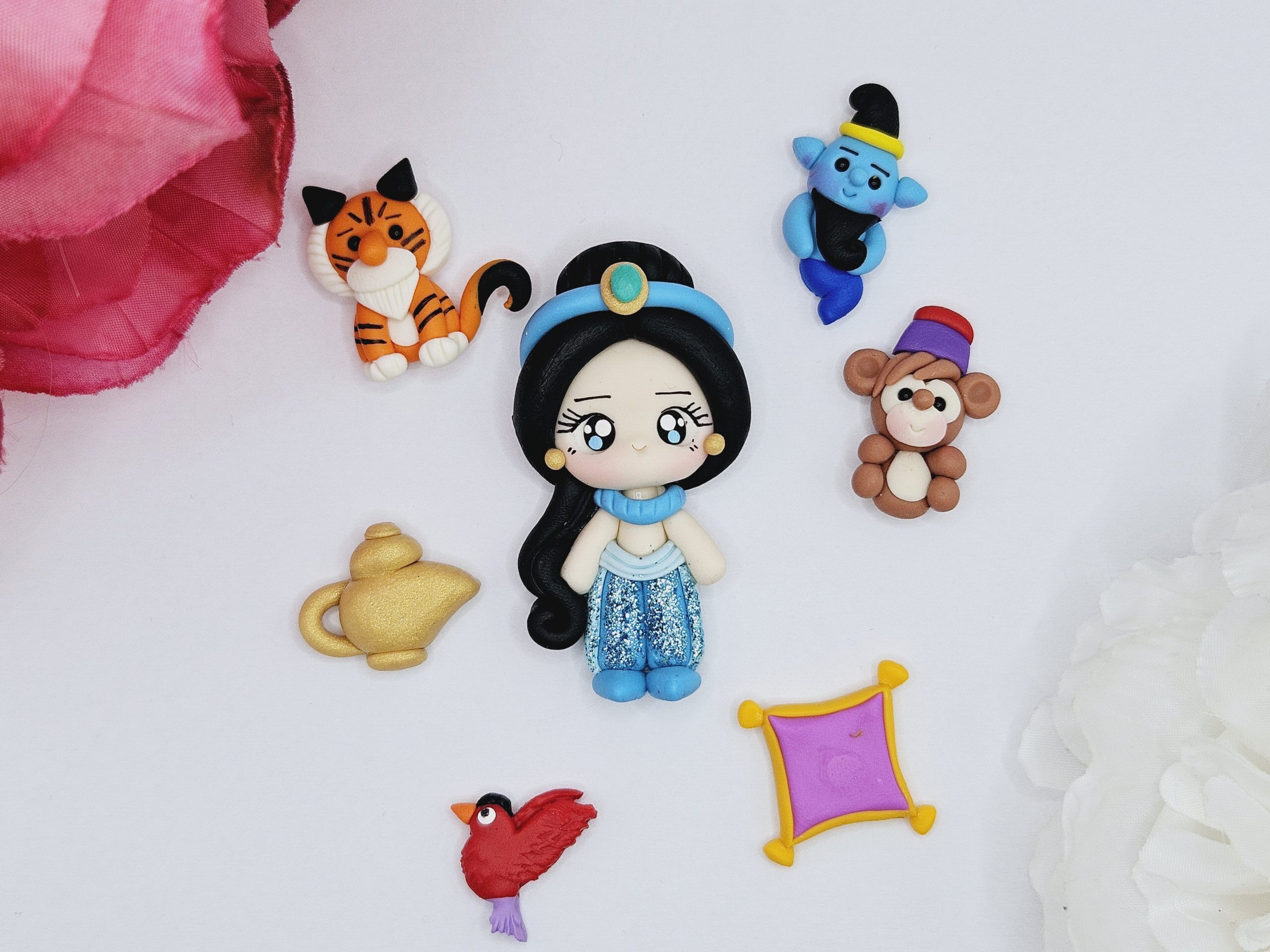 CUTE PRINCESS WITH BLACK HAIR AND ACCESSORIES-EMBELLISHMENT CLAY BOW CENTRE (WITH FLAT BACK)